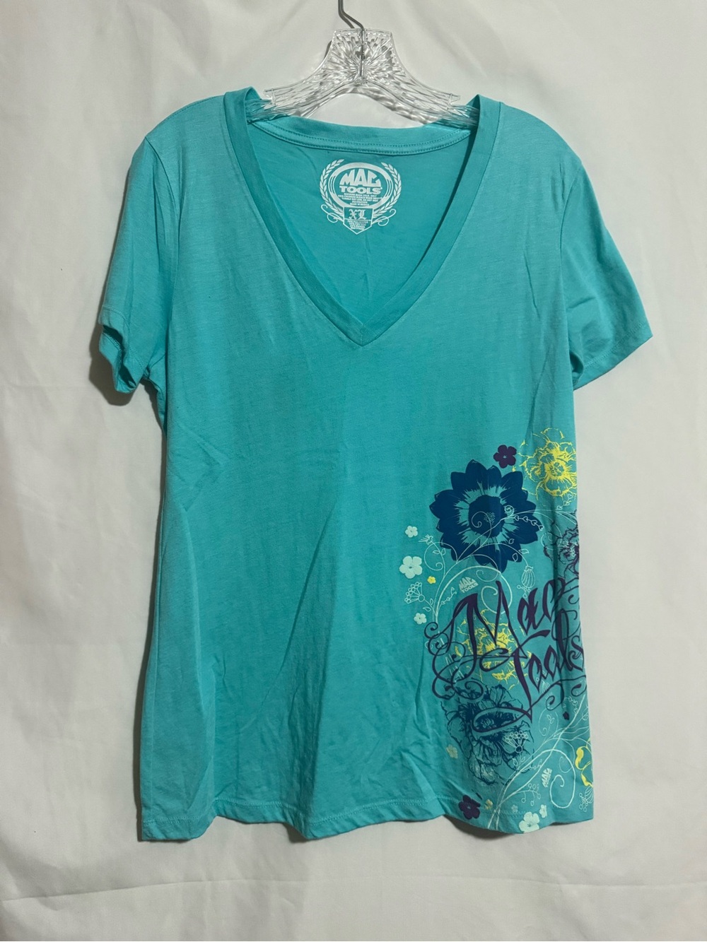 MAC Tools Women’s XL Blue Knit V-Neck Short Sleeve Floral Graphic Logo T-Shirt